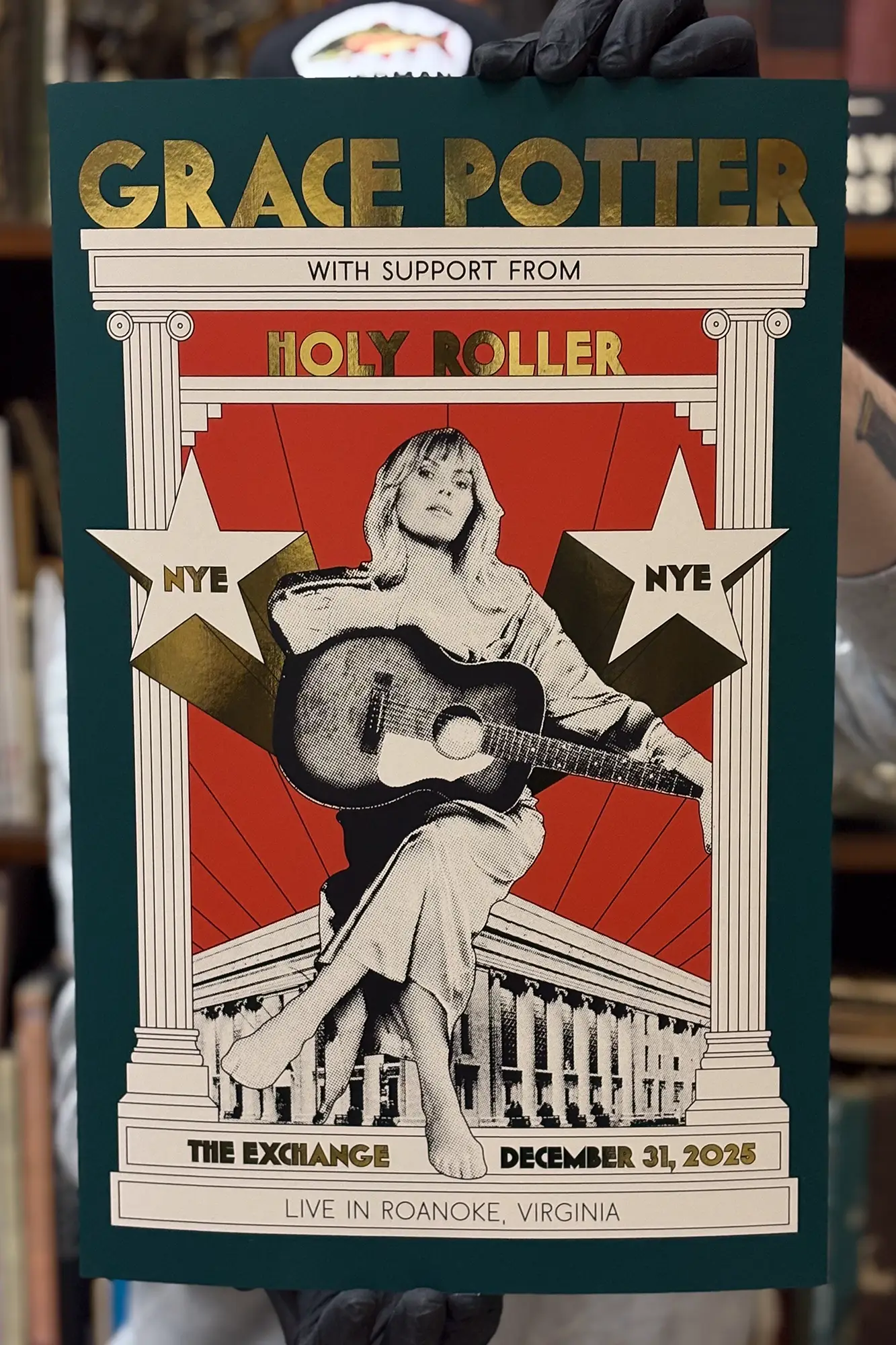A screenprinted show poster for Grace Potter at The Exchange printed on Gold Foil stock
