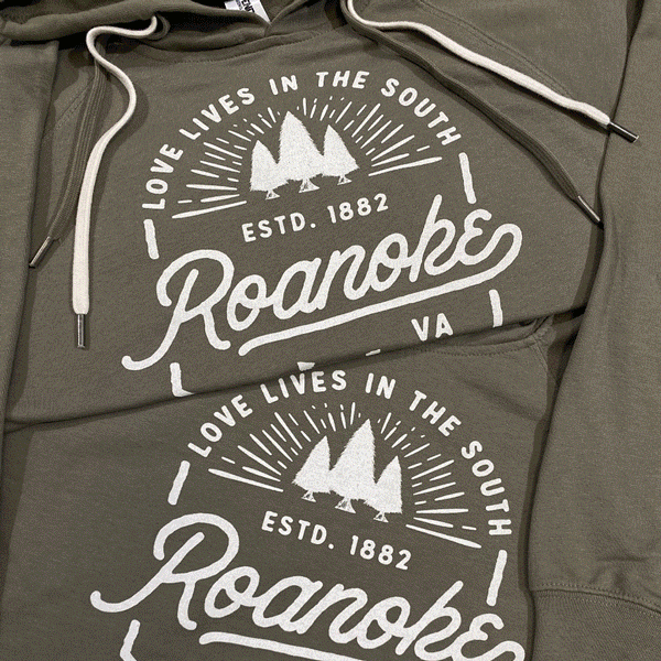 A rotating gif of items produced by Press Press Merch. Image 1 features Roanoke army green sweatshirts, Image 2 features an All Good Now patch hat, Image 3 features various press press merch stickers, Image four features Jess Burbridge Art dragon tote bags, Image 5 includes a Play Roanoke bike graphic tee, and Image 6 showcases the Grace Potter poster on gold foil paper. 